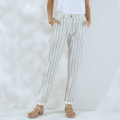 Proužkované chino kalhoty s pružným pasem, plátno z bavlny a lnu