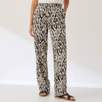Széles szárú nadrág mintával és rugalmas derékkal