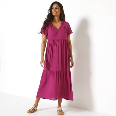 Crepon rochie lungă monocromă cu decolteu în V