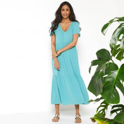 Krepp egyszínű midi ruha V-nyakkal