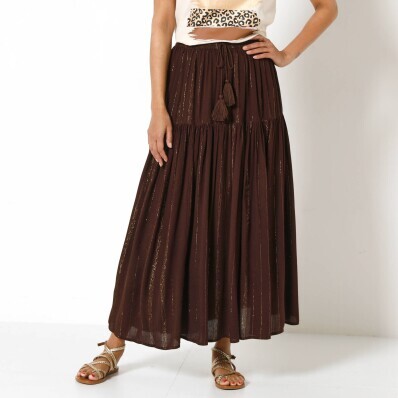 Fustă lungă cu talie elastică și fire metalice