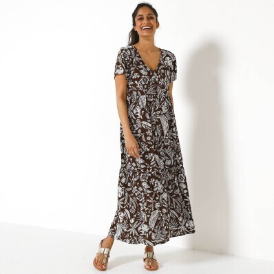 Rochie midi din crep cu decolteu în V și imprimeu bicolor