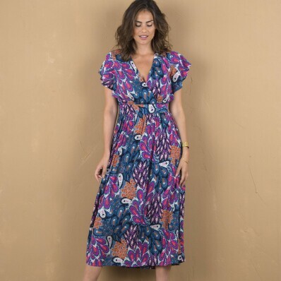 Krepónové midi šaty s potlačou a zavinovacím výstrihom