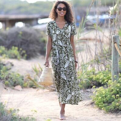 Długa sukienka Crepon z dekoltem V i nadrukiem