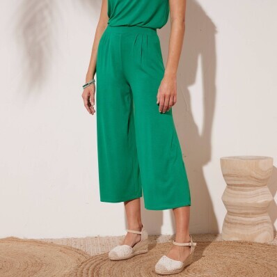 7/8 široké jednobarevné kalhoty s pružným pasem