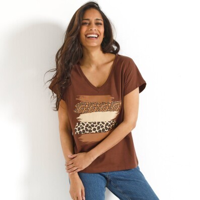 Koszulka z dekoltem w serek i brokatowym nadrukiem