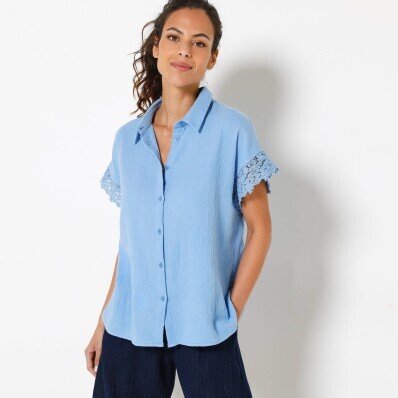 Муслінова сорочка з короткими рукавами, оброблена макраме