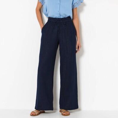 Spodnie muślinowe z szerokimi nogawkami i wysoką gumką w pasie