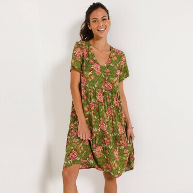 Krótka sukienka z krepy z dekoltem w serek i kwiatowym nadrukiem