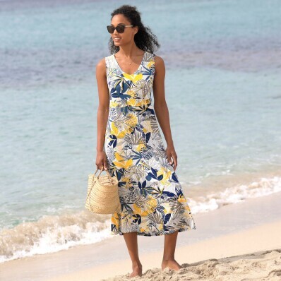 Rozkloszowana sukienka midi bez rękawów z nadrukiem