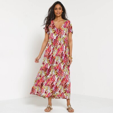 Kreponové midi šaty s výstřihem do V a vícebarevným potiskem