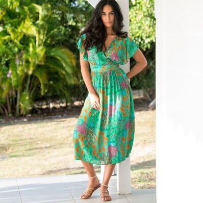 Rochie midi Crepon cu decolteu încrucișat și imprimeu