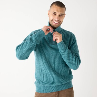 Pulover cu guler înalt și fermoar, tricot neted cu 30% lână