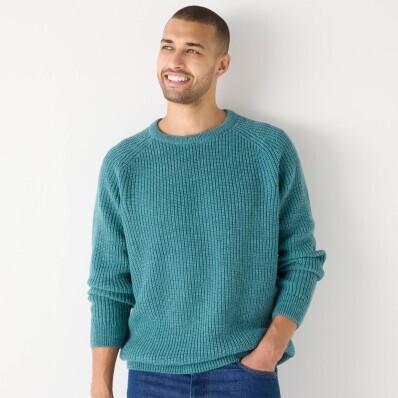 Pulover cu guler rotund, tricot neted cu 30% lână