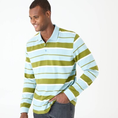 Tricou polo cu mânecă lungă, cu dungi, confecționat din tricot pique