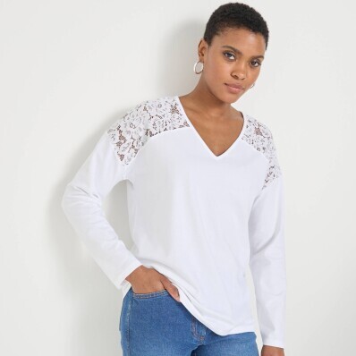 Tricou cu mânecă lungă și decolteu în V, cu dantelă
