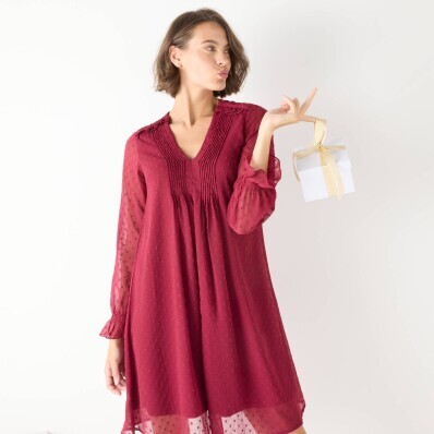 Rochie scurtă evazată, uni, cu pliuri și buline