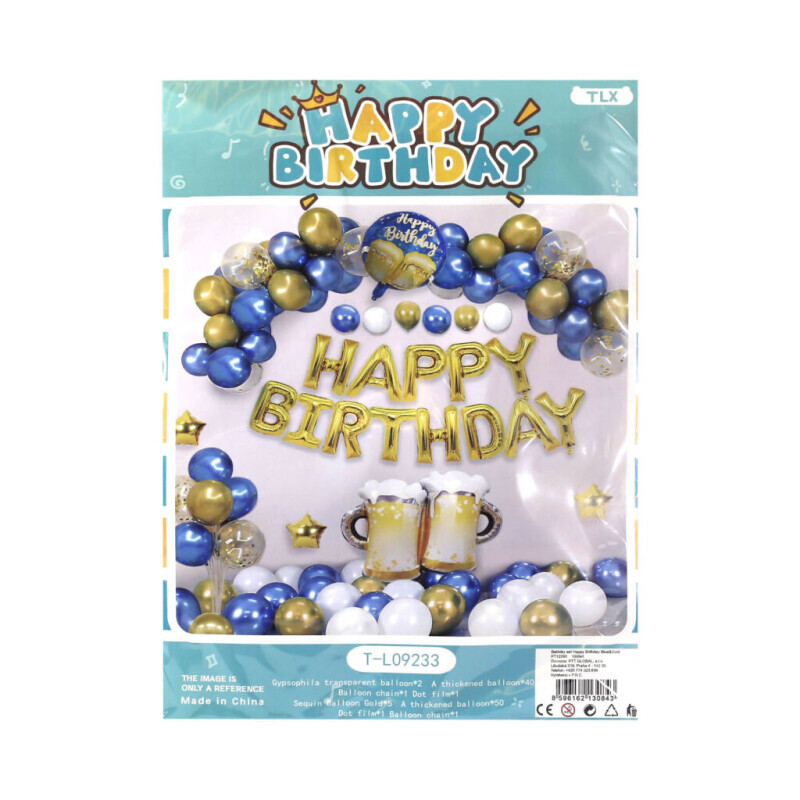 Balónky set Happy Birthday Blue&Gold(10/bal 100/krt)