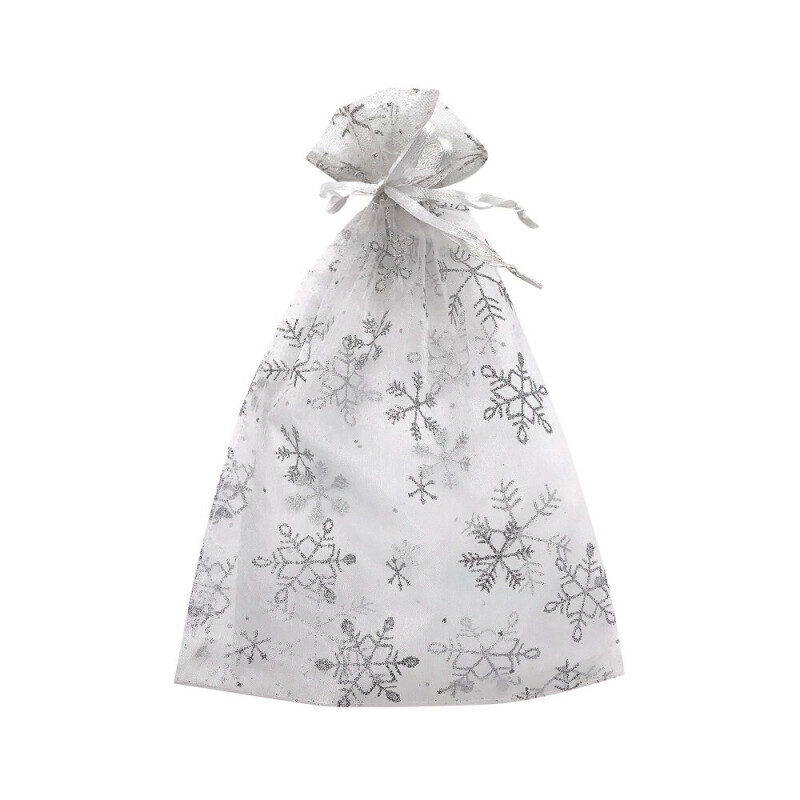 Pytlík organzový 15*22cm bílý s stříbrnými vločkami (12/bal)