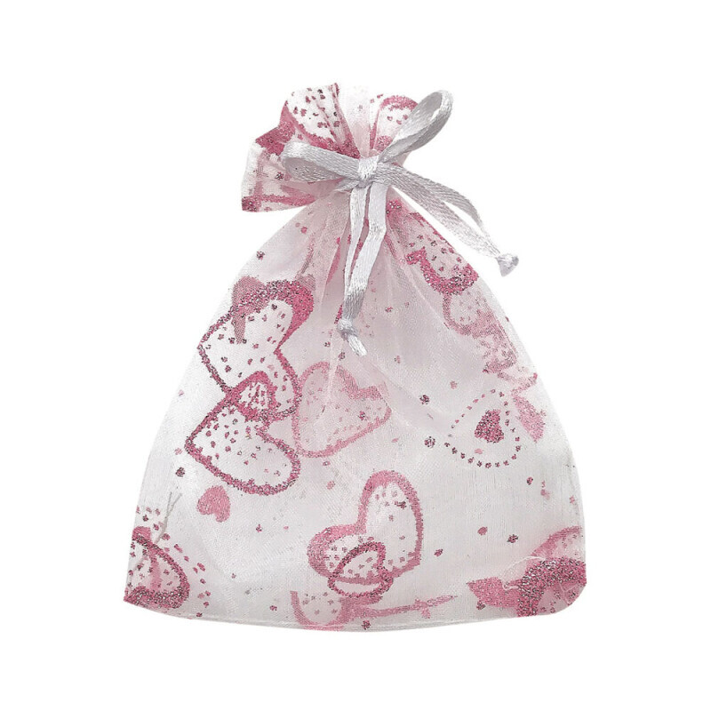 Pytlík organzový 15*22cm bílý se srdíčky (12/bal)