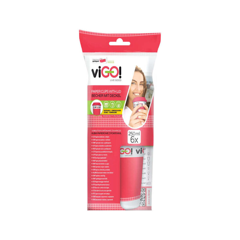 viGO! Kelímek papírový s víčkem 250ml/6ks potisk (12/krt)