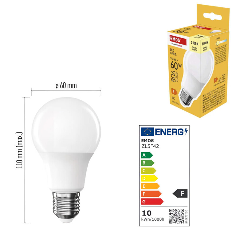 Emos Žárovka Led CLS A60 9,4W 806lm E27 WW (10/bal 20/krt)