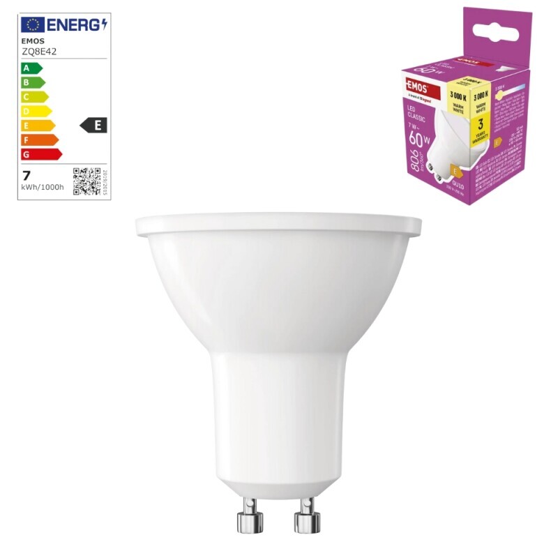 Emos žárovka led 7W(60W) GU10 WW (10/bal 60/krt)