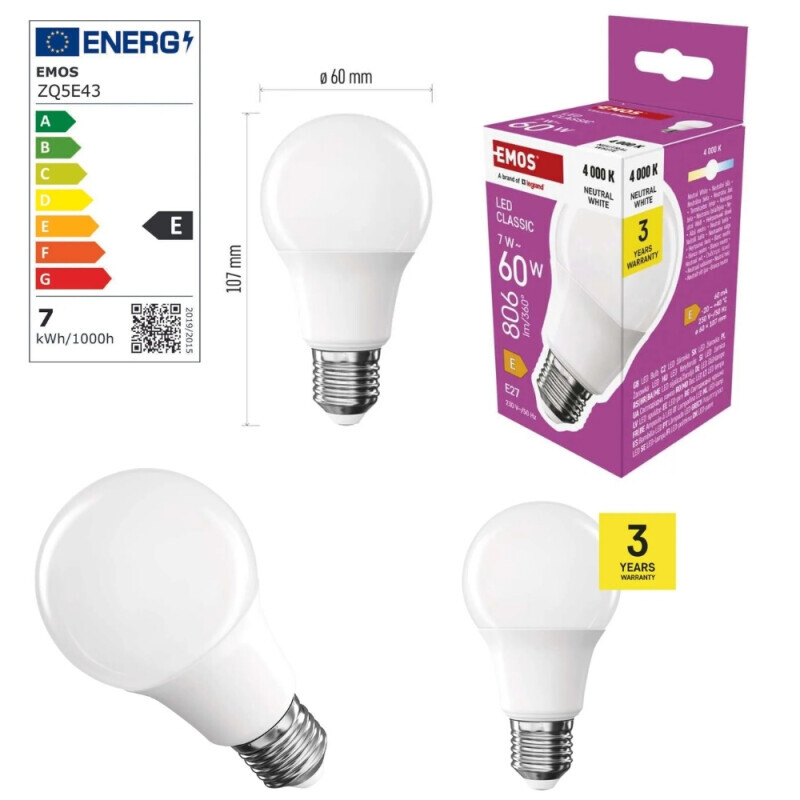 Emos Žárovka Led CLS A60 7W 806lm E27 NW (10/bal 20/krt)