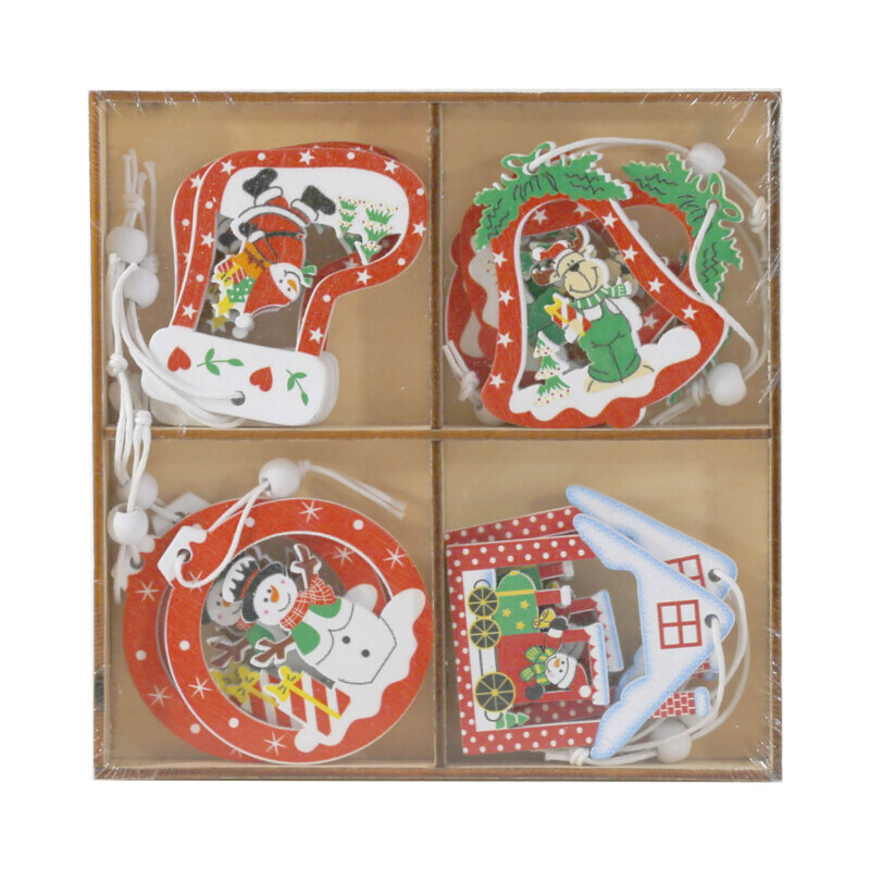 Vánoční dekorace na zavěšení dřev. Motiv 12ks ( 240/krt)