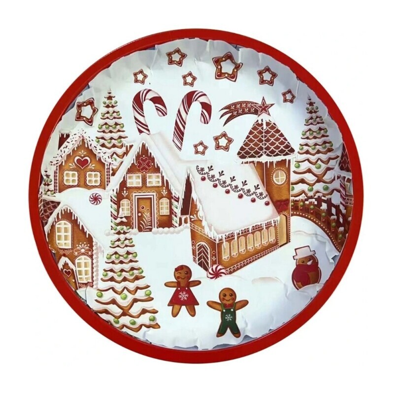 Toro Vánoční podnos plechový kulatý 26cm "Perníková vesnička" (24/bal)