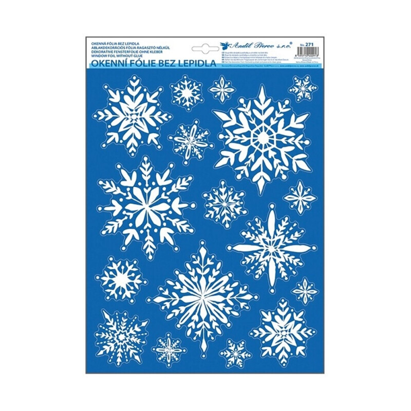 Vánoční Okenní fólie s glitry Vločky 29 × 41 cm (144/bal 288/krt)