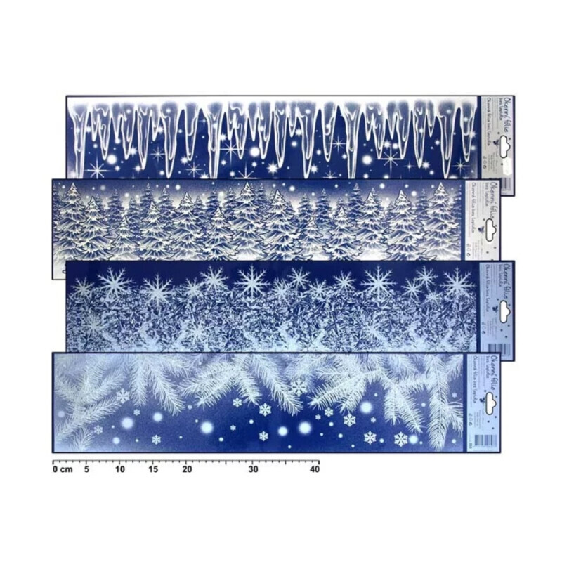 Vánoční Okenní fólie pruh zamrzlý s glitry rampouchy,les,větve 59x15cm (96/bal 288/krt)
