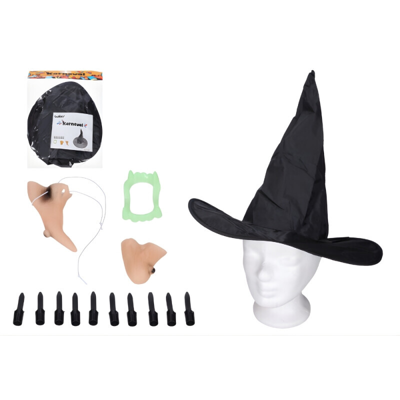 Set karneval - čarodějnice (nos, brada, prsty, klobouk a zuby)