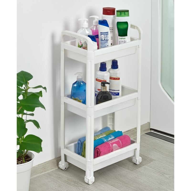 Regál pojízdný 3 patrové s držákem Bílá (8/krt)