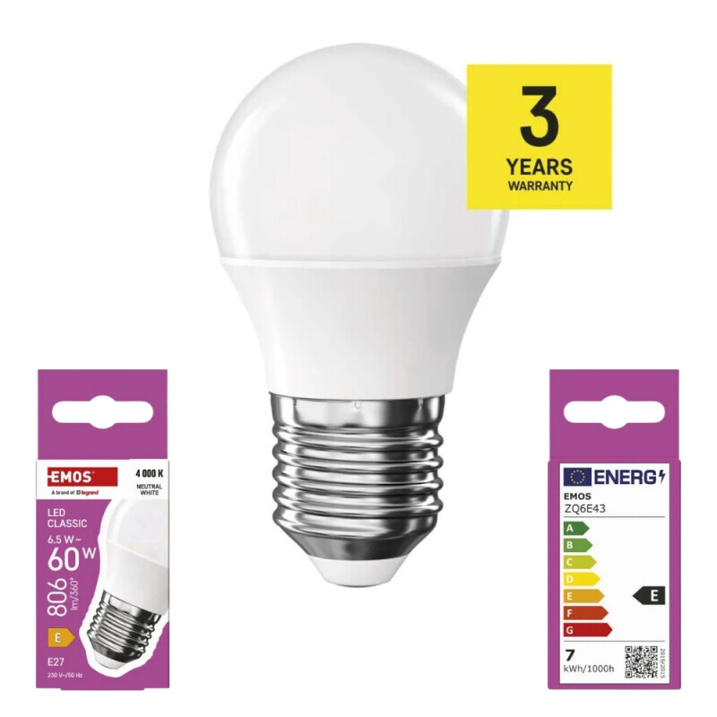 Emos žárovka led 6,5W(30W) mini globe E27 NW (10/bal 40/krt)