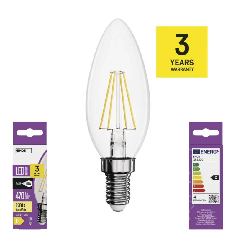 Emos Žárovka Led Filament Candle 3.4W E14 WW (10/bal 60/krt)
