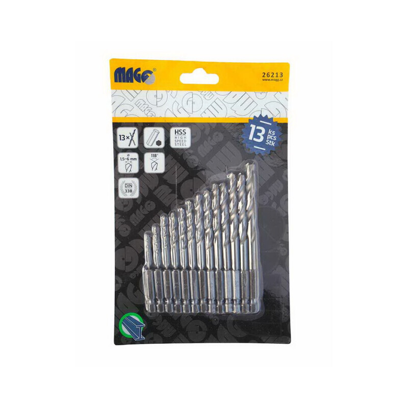 Vrtáky HSS univerzální, šestihranný úchyt 13 ks (1,5-6,5mm)