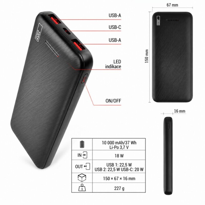 Emos Powerbank Alphaq3 10000 Černá 2Xusb-A 1Xusb-C