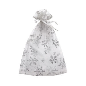 Pytlík organzový 15*22cm bílý s stříbrnými vločkami (12/bal)