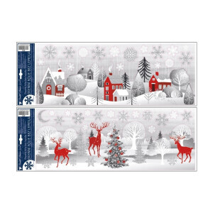 Vánoční Okenní fólie domky a les s glitrem 21x59,5cm (144/bal 288/krt)